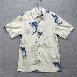 Quicksilver Waterman Shirt Men Small Tan Hawaiian Tropical Sword Fish Marlin NEW